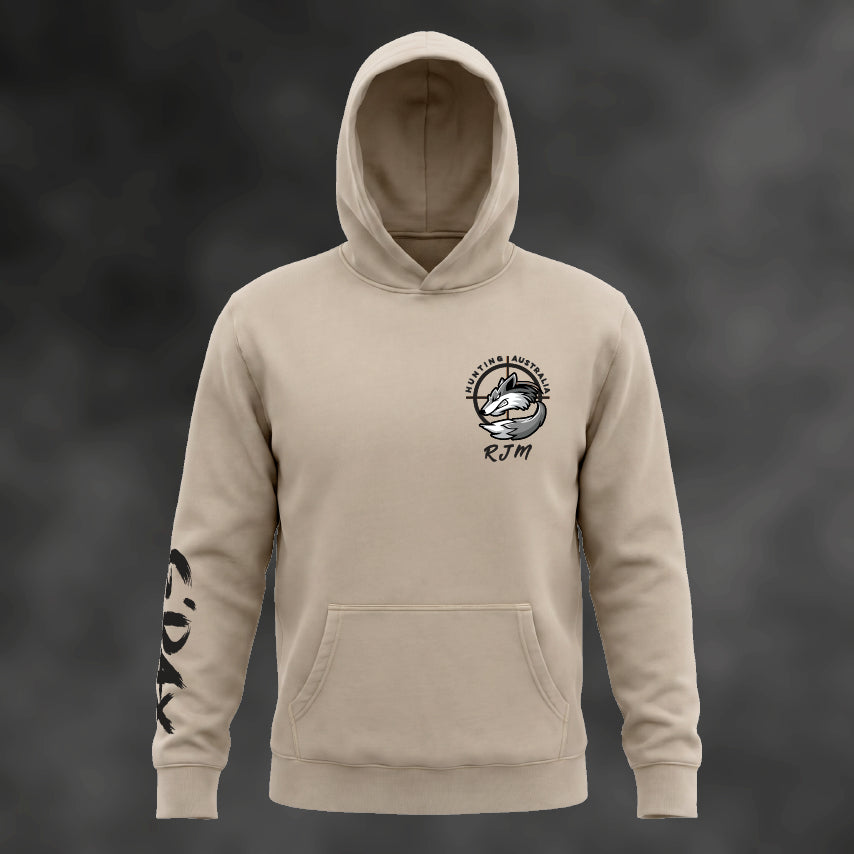 RJM Hunting Australia hoodie in faded taupe, front