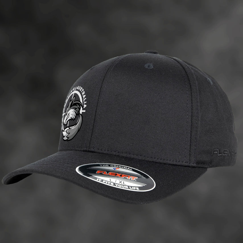 RJM Hunting Australia black Flexfit cap, left angled view showing Flexfit label