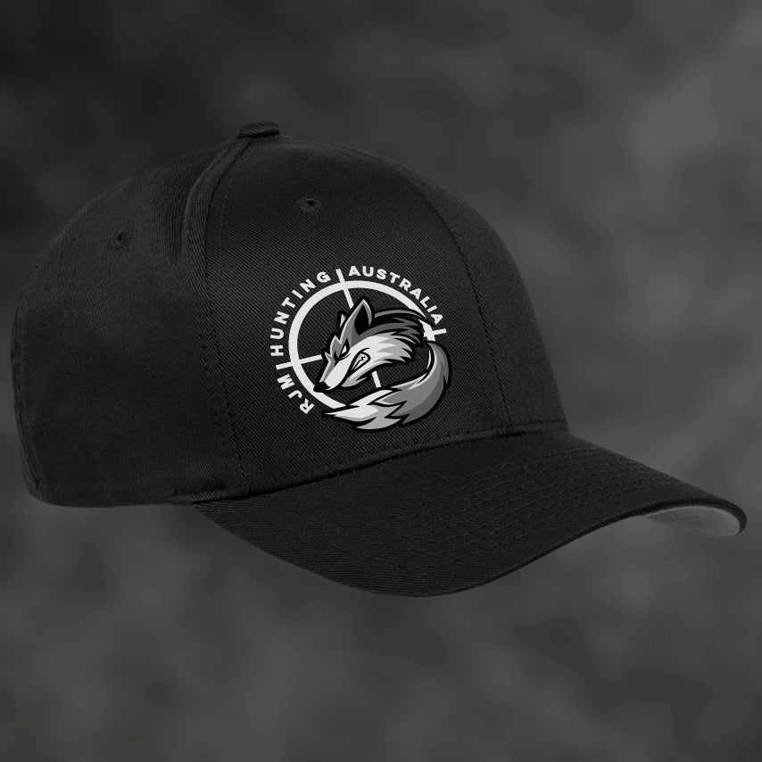 RJM Hunting Australia black Flexfit cap, angled view with fox logo