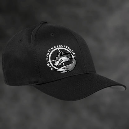 RJM Hunting Australia black Flexfit cap, angled view with fox logo