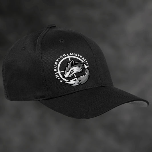 RJM Hunting Australia black Flexfit cap, angled view with fox logo