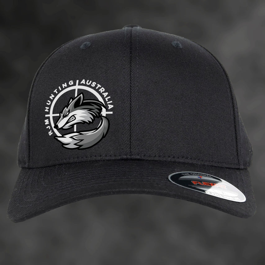 RJM Hunting Australia black Flexfit cap, front view with fox logo