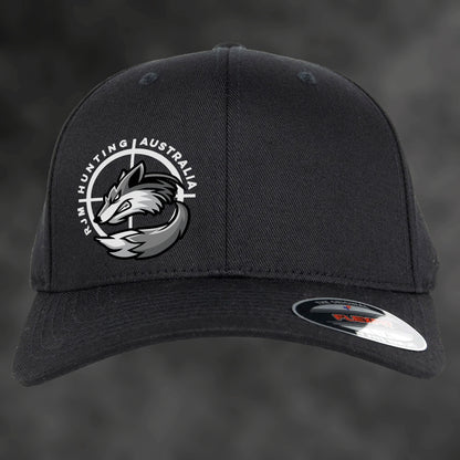 RJM Hunting Australia black Flexfit cap, front view with fox logo