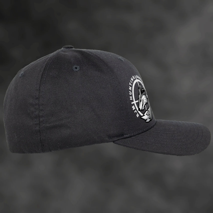 RJM Hunting Australia black Flexfit cap, side view with fox logo