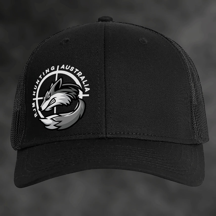 RJM Hunting Australia black trucker cap, front view with fox logo