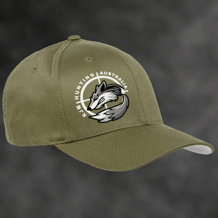RJM Hunting Australia khaki Flexfit cap, angled view with fox logo