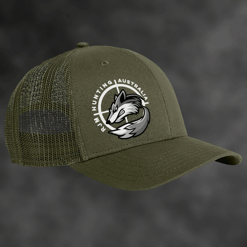 RJM Hunting Australia olive trucker cap, angled view with mesh sides and fox logo