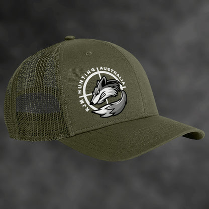 RJM Hunting Australia olive trucker cap, angled view with mesh sides and fox logo