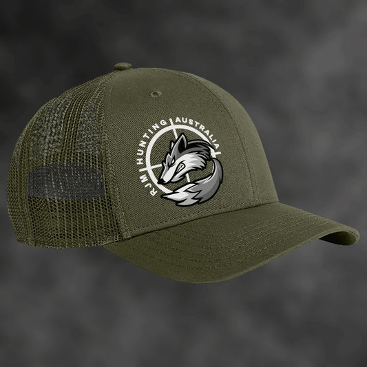 RJM Hunting Australia olive trucker cap, angled view with mesh sides and fox logo