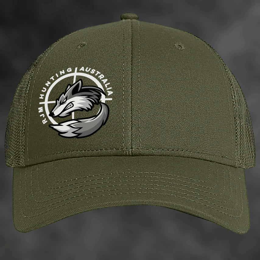 RJM Hunting Australia olive trucker cap, front view with fox logo