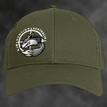 RJM Hunting Australia olive trucker cap, front view with fox logo