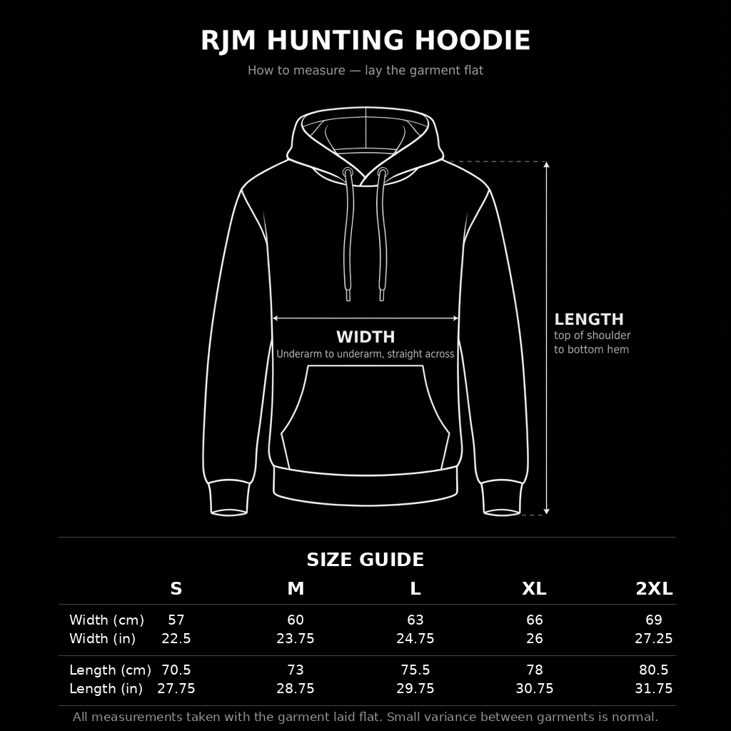 RJM Hoodie size guide, sizes S to 2XL