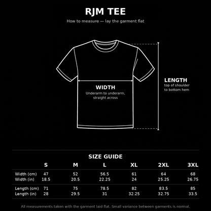RJM Tee size guide, sizes S to 3XL
