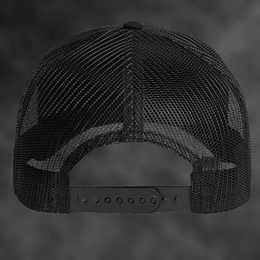 RJM Hunting Australia black trucker cap, back with snapback closure