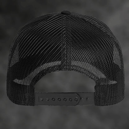 RJM Hunting Australia black trucker cap, back with snapback closure