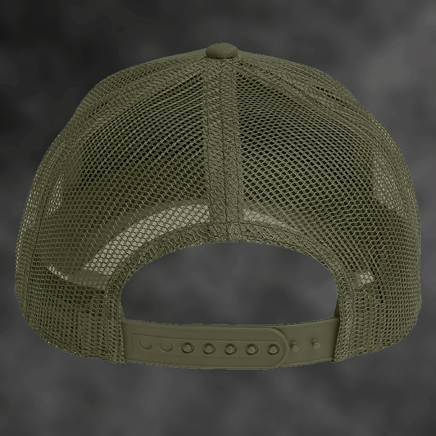RJM Hunting Australia olive trucker cap, back with snapback closure