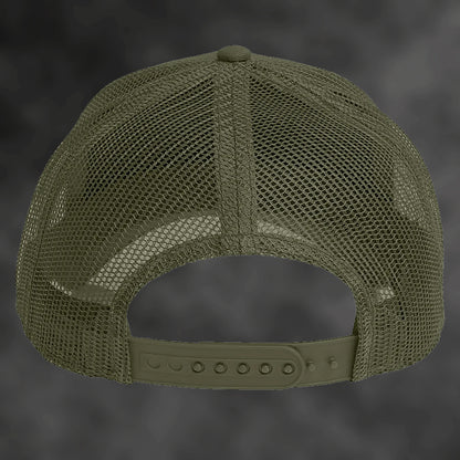 RJM Hunting Australia olive trucker cap, back with snapback closure
